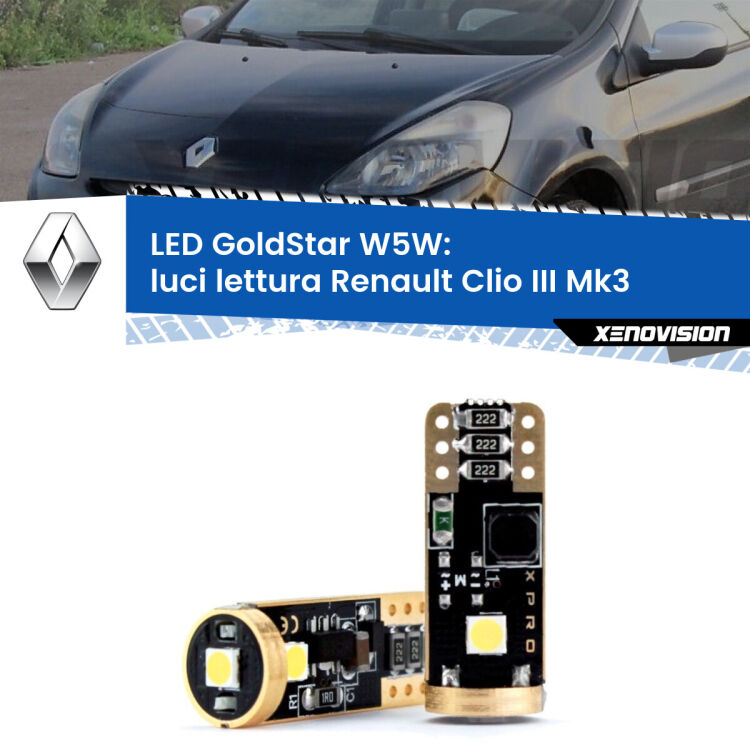 0 Luci Lettura LED Renault Clio III  2005 - 2011: T10 GoldStar <strong>Luci Lettura LED Renault Clio III</strong>  2005 - 2011: ottima luminosità a 360 gradi. Si inseriscono ovunque. Canbus, Top Quality.