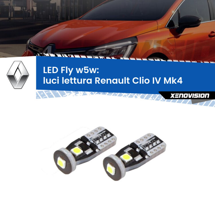 0 Luci Lettura LED Renault Clio IV 2012 - 2018: W5W Fly <strong>luci lettura LED per Renault Clio IV</strong> 2012 - 2018. Coppia lampadine <strong>w5w</strong> Canbus compatte modello Fly Xenovision.