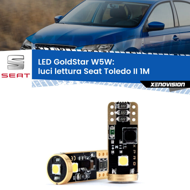 0 Luci Lettura LED Seat Toledo II 1M 1998 - 2006: T10 GoldStar <strong>Luci Lettura LED Seat Toledo II</strong> 1M 1998 - 2006: ottima luminosità a 360 gradi. Si inseriscono ovunque. Canbus, Top Quality.