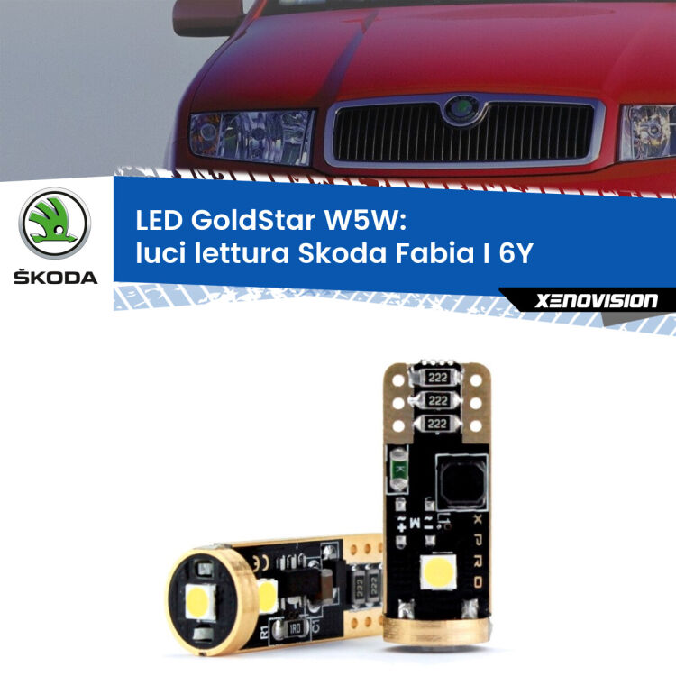 0 Luci Lettura LED Skoda Fabia I 6Y 1999 - 2006: T10 GoldStar <strong>Luci Lettura LED Skoda Fabia I</strong> 6Y 1999 - 2006: ottima luminosità a 360 gradi. Si inseriscono ovunque. Canbus, Top Quality.