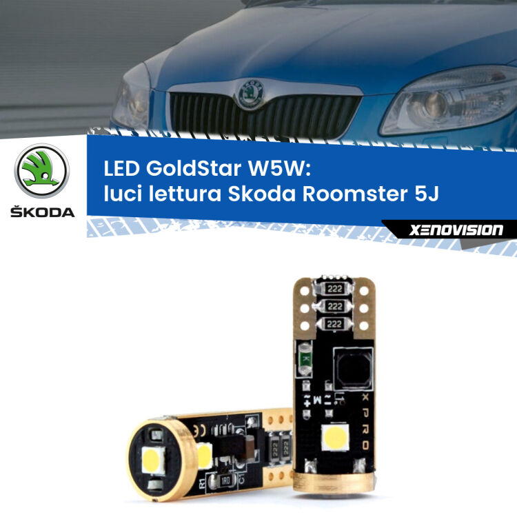 0 Luci Lettura LED Skoda Roomster 5J 2006 - 2015: T10 GoldStar <strong>Luci Lettura LED Skoda Roomster</strong> 5J 2006 - 2015: ottima luminosità a 360 gradi. Si inseriscono ovunque. Canbus, Top Quality.
