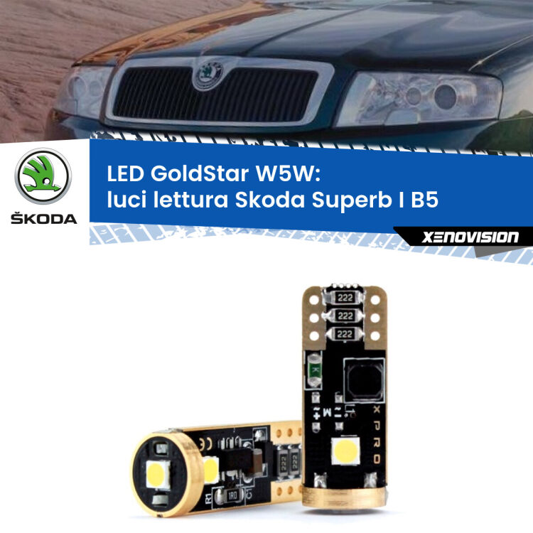 0 Luci Lettura LED Skoda Superb I B5 anteriori: T10 GoldStar <strong>Luci Lettura LED Skoda Superb I</strong> B5 anteriori: ottima luminosità a 360 gradi. Si inseriscono ovunque. Canbus, Top Quality.