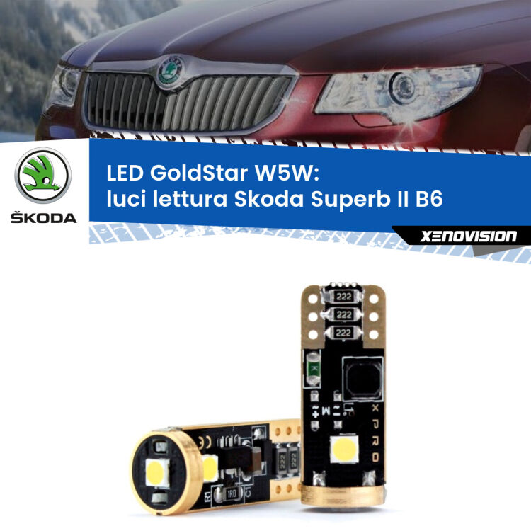 0 Luci Lettura LED Skoda Superb II B6 2008 - 2015: T10 GoldStar <strong>Luci Lettura LED Skoda Superb II</strong> B6 2008 - 2015: ottima luminosità a 360 gradi. Si inseriscono ovunque. Canbus, Top Quality.