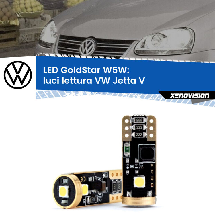 0 Luci Lettura LED VW Jetta V 2005 - 2010: T10 GoldStar <strong>Luci Lettura LED VW Jetta</strong> V 2005 - 2010: ottima luminosità a 360 gradi. Si inseriscono ovunque. Canbus, Top Quality.