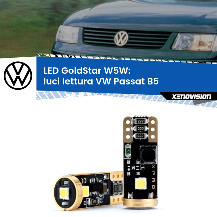 0 Luci Lettura LED VW Passat B5 1996 - 2000: T10 GoldStar <strong>Luci Lettura LED VW Passat</strong> B5 1996 - 2000: ottima luminosità a 360 gradi. Si inseriscono ovunque. Canbus, Top Quality.