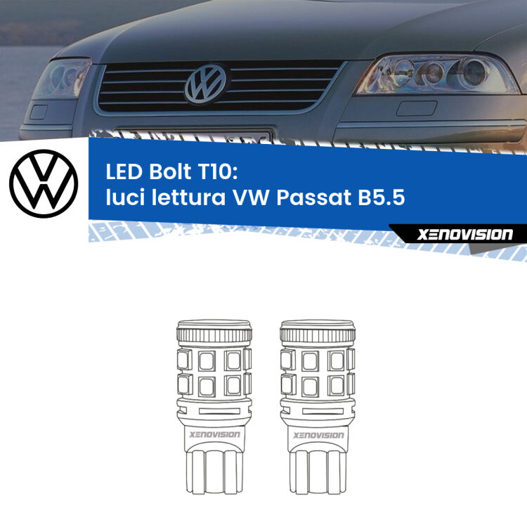 0 Luci Lettura LED VW Passat B5.5 2000 - 2005: T10 Bolt <strong>Luci Lettura LED per VW Passat</strong> B5.5 2000 - 2005. Coppia lampade <strong>T10</strong> modello Bolt canbus.