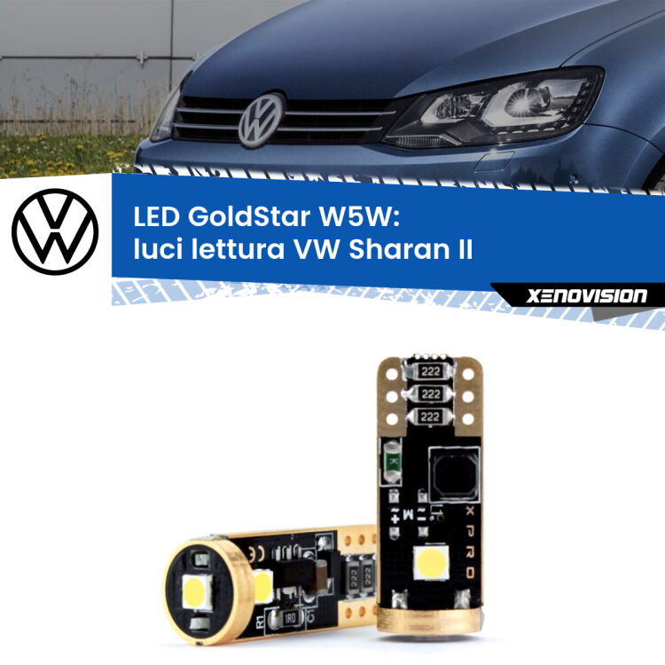 0 Luci Lettura LED VW Sharan II centrali: T10 GoldStar <strong>Luci Lettura LED VW Sharan</strong> II centrali: ottima luminosità a 360 gradi. Si inseriscono ovunque. Canbus, Top Quality.