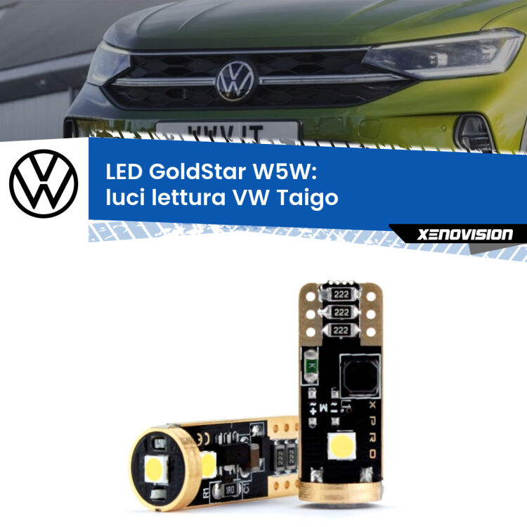 0 Luci Lettura LED VW Taigo 2020 in poi: T10 GoldStar <strong>Luci Lettura LED VW Taigo</strong> 2020 in poi: ottima luminosità a 360 gradi. Si inseriscono ovunque. Canbus, Top Quality.