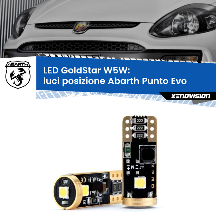 0 Luci posizione LED Abarth Punto Evo  2010-2014: T10 GoldStar <strong>Luci posizione LED Abarth Punto Evo</strong>  2010-2014: ottima luminosità a 360 gradi. Si inseriscono ovunque. Canbus, Top Quality.