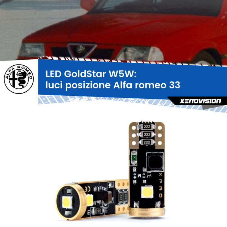 0 Luci posizione LED Alfa romeo 33  1990-1994: T10 GoldStar <strong>Luci posizione LED Alfa romeo 33</strong>  1990-1994: ottima luminosità a 360 gradi. Si inseriscono ovunque. Canbus, Top Quality.