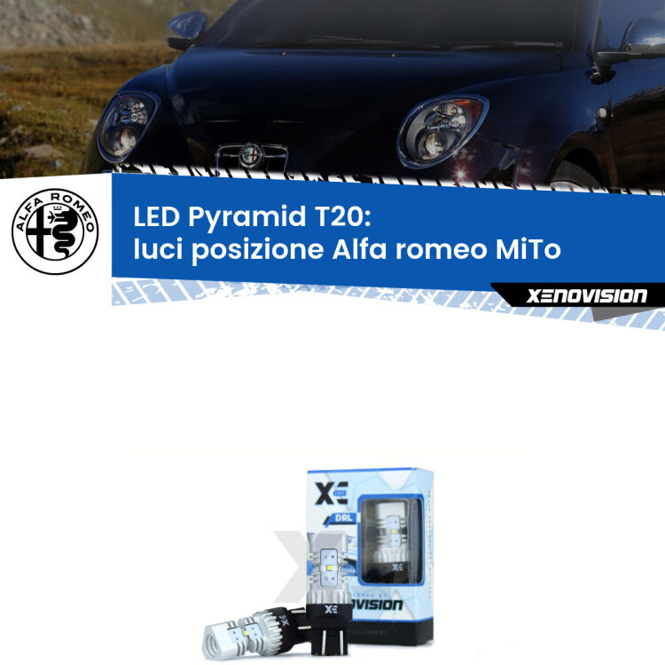 Luci posizione LED Alfa romeo MiTo  2008-2018: T20 Pyramid Coppia <strong>Luci posizione LED</strong> per Alfa romeo <strong>MiTo </strong>  2008-2018. Lampadine premium <strong>T20</strong> ultra luminose e super canbus, modello Pyramid Xenovision.