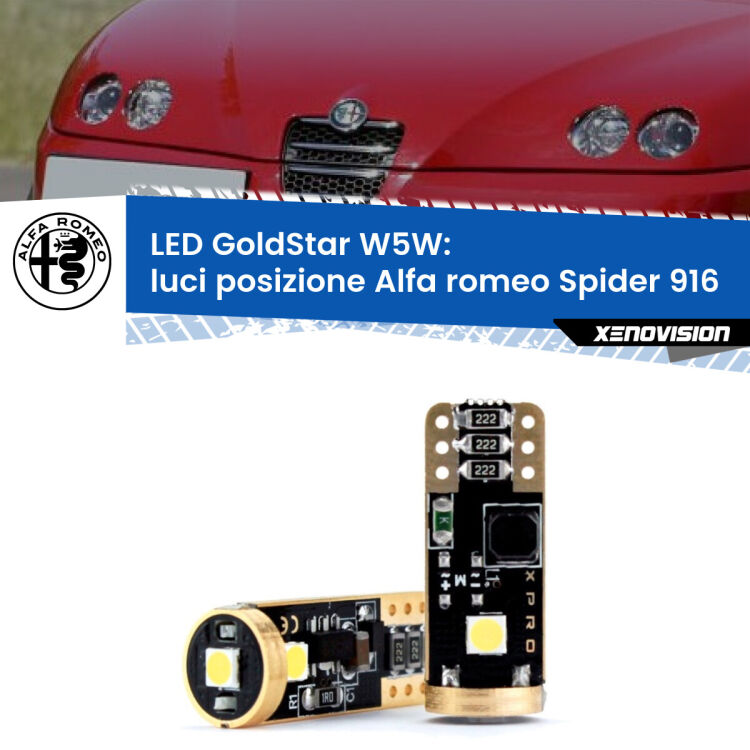 0 Luci posizione LED Alfa romeo Spider 916 1995-2005: T10 GoldStar <strong>Luci posizione LED Alfa romeo Spider</strong> 916 1995-2005: ottima luminosità a 360 gradi. Si inseriscono ovunque. Canbus, Top Quality.