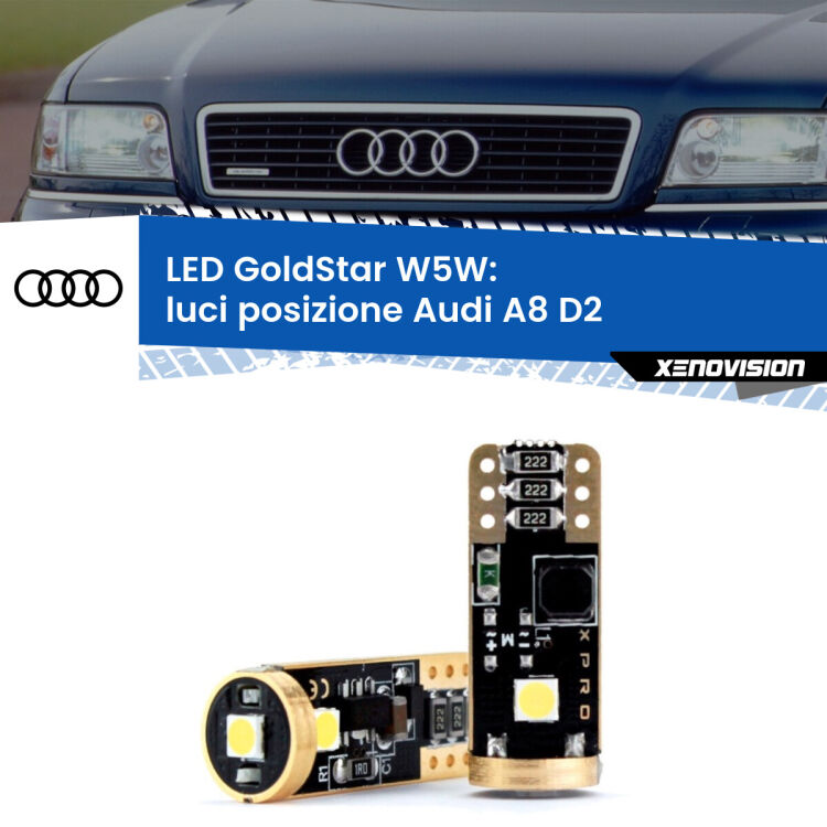0 Luci posizione LED Audi A8 D2 1994-2002: T10 GoldStar <strong>Luci posizione LED Audi A8</strong> D2 1994-2002: ottima luminosità a 360 gradi. Si inseriscono ovunque. Canbus, Top Quality.