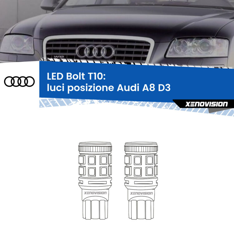 0 Luci posizione LED Audi A8 D3 2002-2009: T10 Bolt <strong>Luci posizione LED per Audi A8</strong> D3 2002-2009. Coppia lampade <strong>T10</strong> modello Bolt canbus.