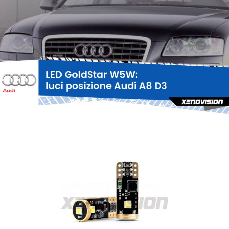 <strong>Luci posizione LED Audi A8</strong> D3 2002-2009: ottima luminosità a 360 gradi. Si inseriscono ovunque. Canbus, Top Quality.