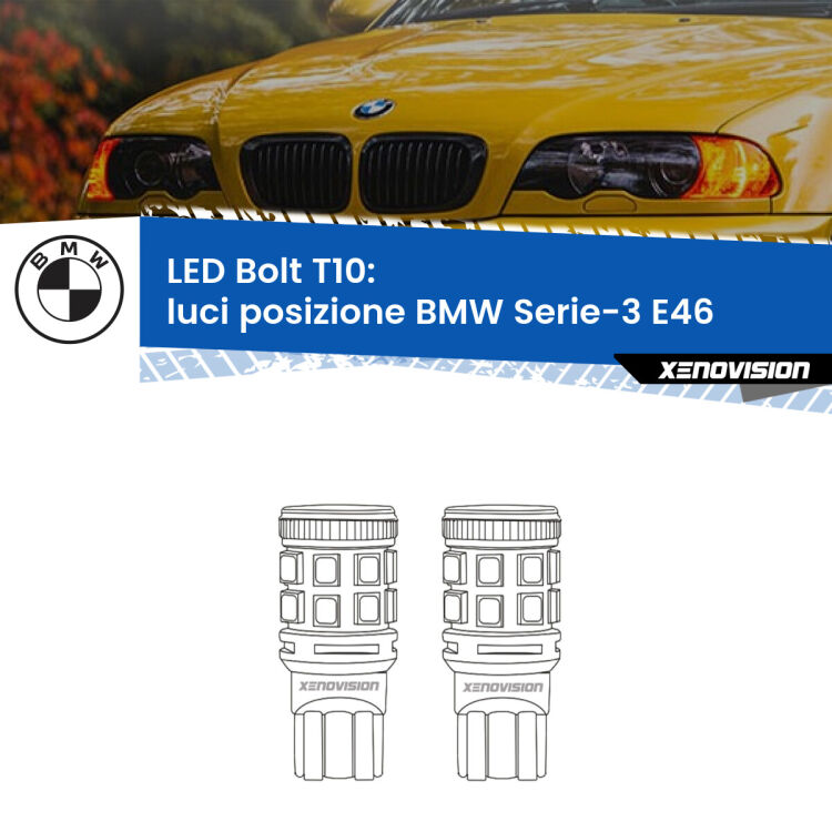 0 Luci posizione LED BMW Serie-3 E46 1998-2005: T10 Bolt <strong>Luci posizione LED per BMW Serie-3</strong> E46 1998-2005. Coppia lampade <strong>T10</strong> modello Bolt canbus.
