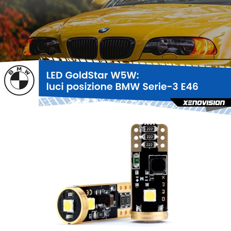 0 Luci posizione LED BMW Serie-3 E46 1998-2005: T10 GoldStar <strong>Luci posizione LED BMW Serie-3</strong> E46 1998-2005: ottima luminosità a 360 gradi. Si inseriscono ovunque. Canbus, Top Quality.