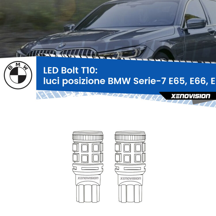 0 Luci posizione LED BMW Serie-7 E65, E66, E67 2001-2008: T10 Bolt <strong>Luci posizione LED per BMW Serie-7</strong> E65, E66, E67 2001-2008. Coppia lampade <strong>T10</strong> modello Bolt canbus.