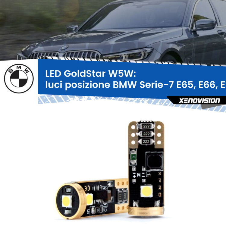 0 Luci posizione LED BMW Serie-7 E65, E66, E67 2001-2008: T10 GoldStar <strong>Luci posizione LED BMW Serie-7</strong> E65, E66, E67 2001-2008: ottima luminosità a 360 gradi. Si inseriscono ovunque. Canbus, Top Quality.