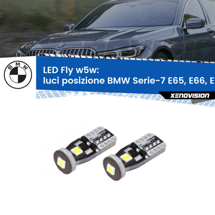 0 Luci posizione LED BMW Serie-7 E65, E66, E67 2001-2008: W5W Fly <strong>luci posizione LED per BMW Serie-7</strong> E65, E66, E67 2001-2008. Coppia lampadine <strong>w5w</strong> Canbus compatte modello Fly Xenovision.