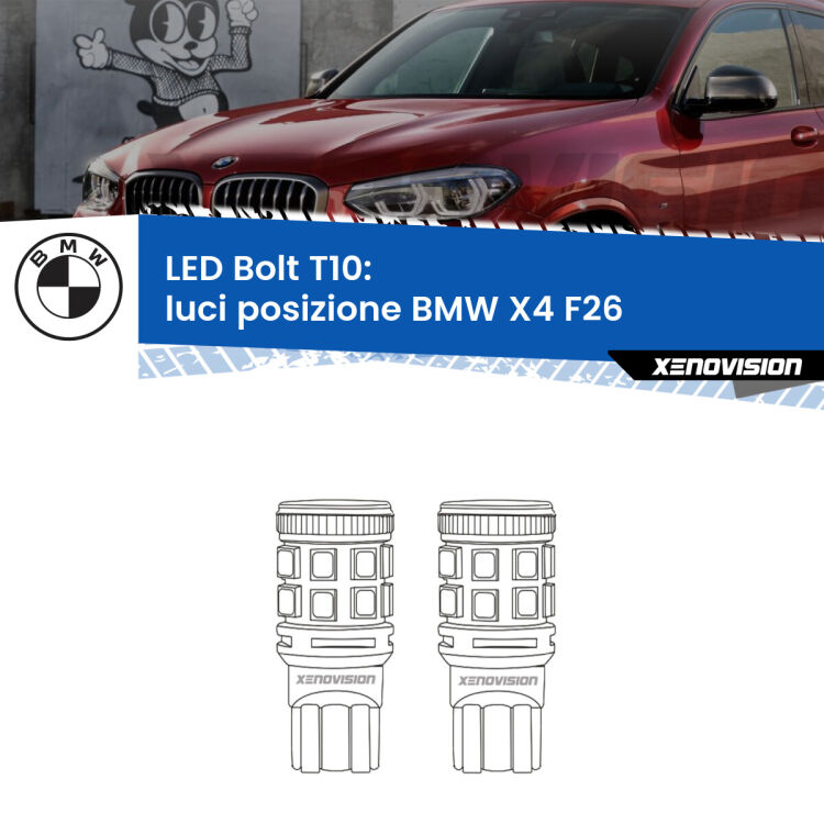 0 Luci posizione LED BMW X4 F26 2014-2017: T10 Bolt <strong>Luci posizione LED per BMW X4</strong> F26 2014-2017. Coppia lampade <strong>T10</strong> modello Bolt canbus.