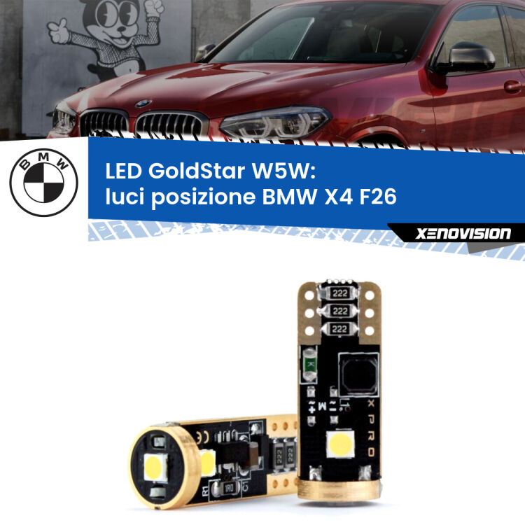 0 Luci posizione LED BMW X4 F26 2014-2017: T10 GoldStar <strong>Luci posizione LED BMW X4</strong> F26 2014-2017: ottima luminosità a 360 gradi. Si inseriscono ovunque. Canbus, Top Quality.