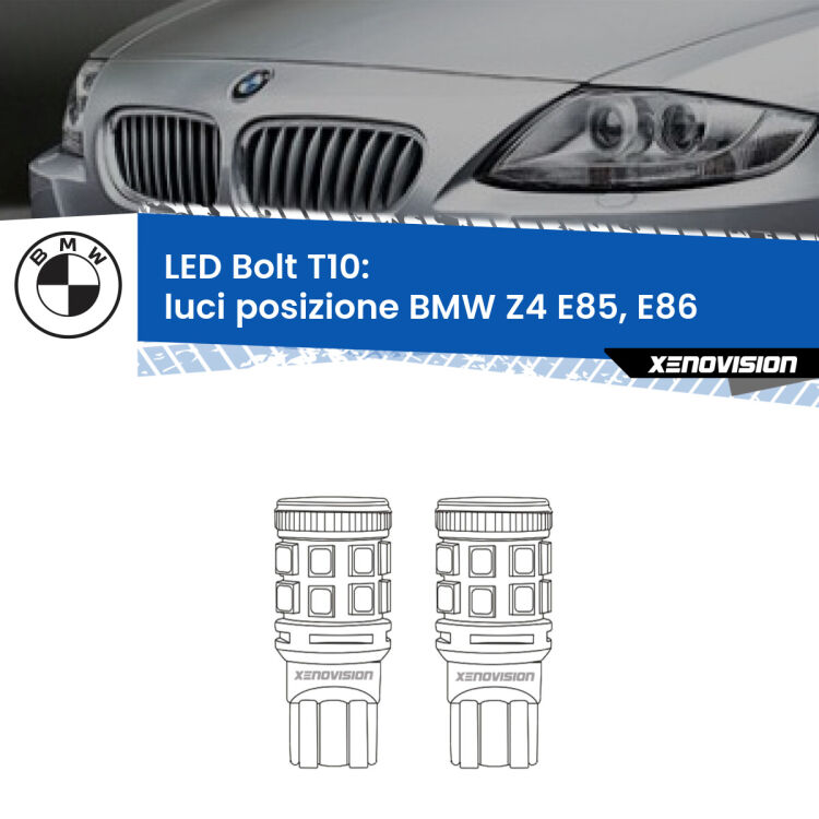 0 Luci posizione LED BMW Z4 E85, E86 2003-2008: T10 Bolt <strong>Luci posizione LED per BMW Z4</strong> E85, E86 2003-2008. Coppia lampade <strong>T10</strong> modello Bolt canbus.