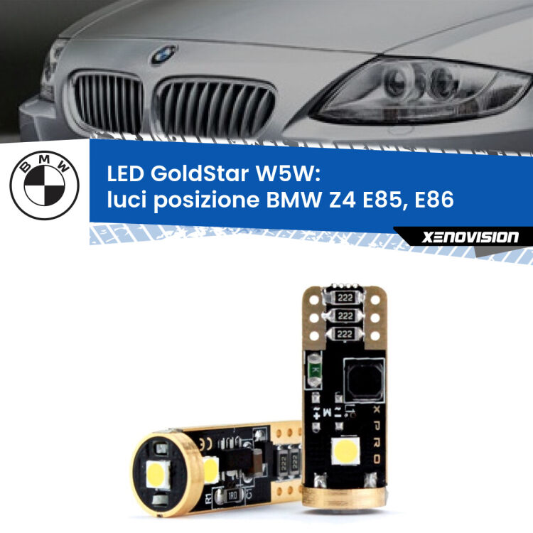 0 Luci posizione LED BMW Z4 E85, E86 2003-2008: T10 GoldStar <strong>Luci posizione LED BMW Z4</strong> E85, E86 2003-2008: ottima luminosità a 360 gradi. Si inseriscono ovunque. Canbus, Top Quality.