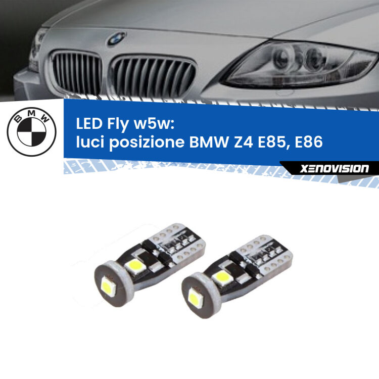 0 Luci posizione LED BMW Z4 E85, E86 2003-2008: W5W Fly <strong>luci posizione LED per BMW Z4</strong> E85, E86 2003-2008. Coppia lampadine <strong>w5w</strong> Canbus compatte modello Fly Xenovision.