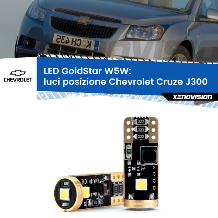 0 Luci posizione LED Chevrolet Cruze J300 2009-2019: T10 GoldStar <strong>Luci posizione LED Chevrolet Cruze</strong> J300 2009-2019: ottima luminosità a 360 gradi. Si inseriscono ovunque. Canbus, Top Quality.