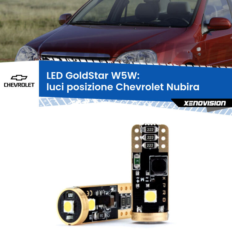 0 Luci posizione LED Chevrolet Nubira 2005-2011: T10 GoldStar <strong>Luci posizione LED Chevrolet Nubira</strong> 2005-2011: ottima luminosità a 360 gradi. Si inseriscono ovunque. Canbus, Top Quality.