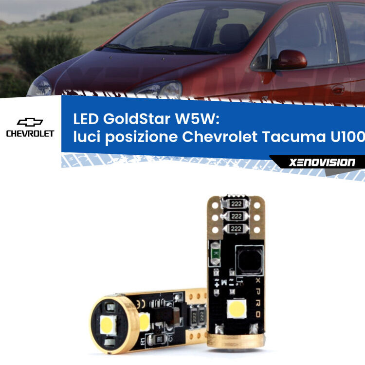 0 Luci posizione LED Chevrolet Tacuma U100 2005-2008: T10 GoldStar <strong>Luci posizione LED Chevrolet Tacuma</strong> U100 2005-2008: ottima luminosità a 360 gradi. Si inseriscono ovunque. Canbus, Top Quality.