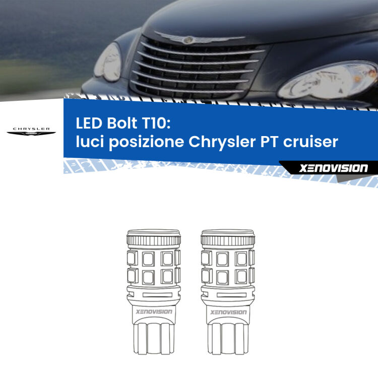 0 Luci posizione LED Chrysler PT cruiser 2000-2010: T10 Bolt <strong>Luci posizione LED per Chrysler PT cruiser</strong> 2000-2010. Coppia lampade <strong>T10</strong> modello Bolt canbus.