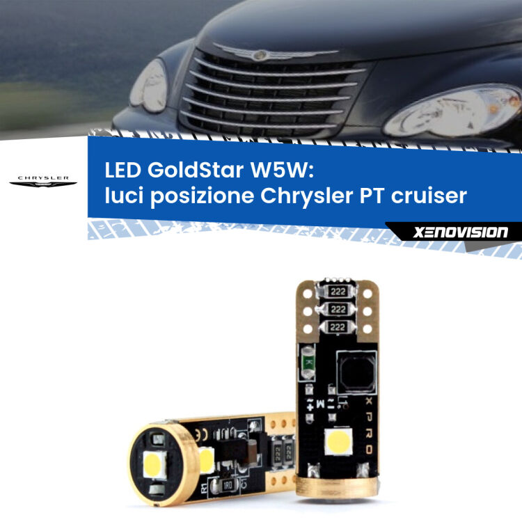 0 Luci posizione LED Chrysler PT cruiser 2000-2010: T10 GoldStar <strong>Luci posizione LED Chrysler PT cruiser</strong> 2000-2010: ottima luminosità a 360 gradi. Si inseriscono ovunque. Canbus, Top Quality.