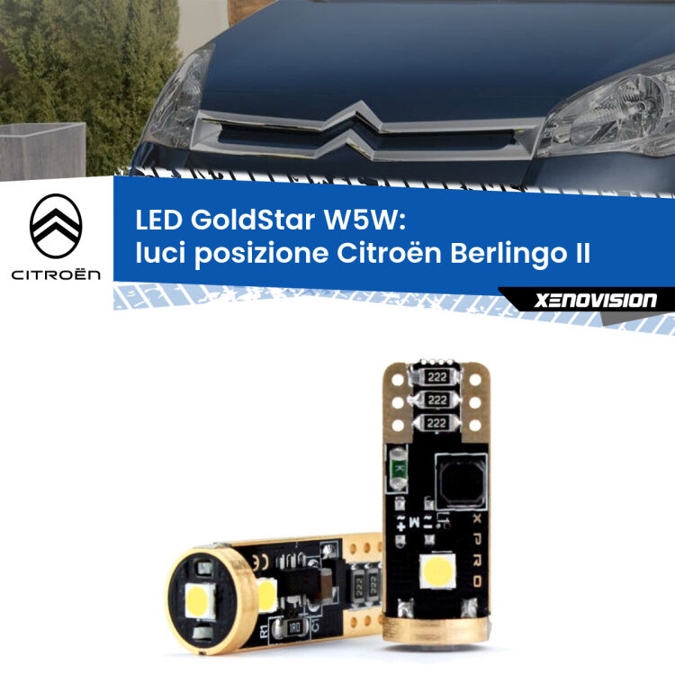 0 Luci posizione LED Citroën Berlingo II 2008-2017: T10 GoldStar <strong>Luci posizione LED Citroën Berlingo</strong> II 2008-2017: ottima luminosità a 360 gradi. Si inseriscono ovunque. Canbus, Top Quality.