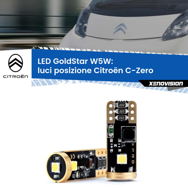 0 Luci posizione LED Citroën C-Zero 2010-2019: T10 GoldStar <strong>Luci posizione LED Citroën C-Zero</strong> 2010-2019: ottima luminosità a 360 gradi. Si inseriscono ovunque. Canbus, Top Quality.