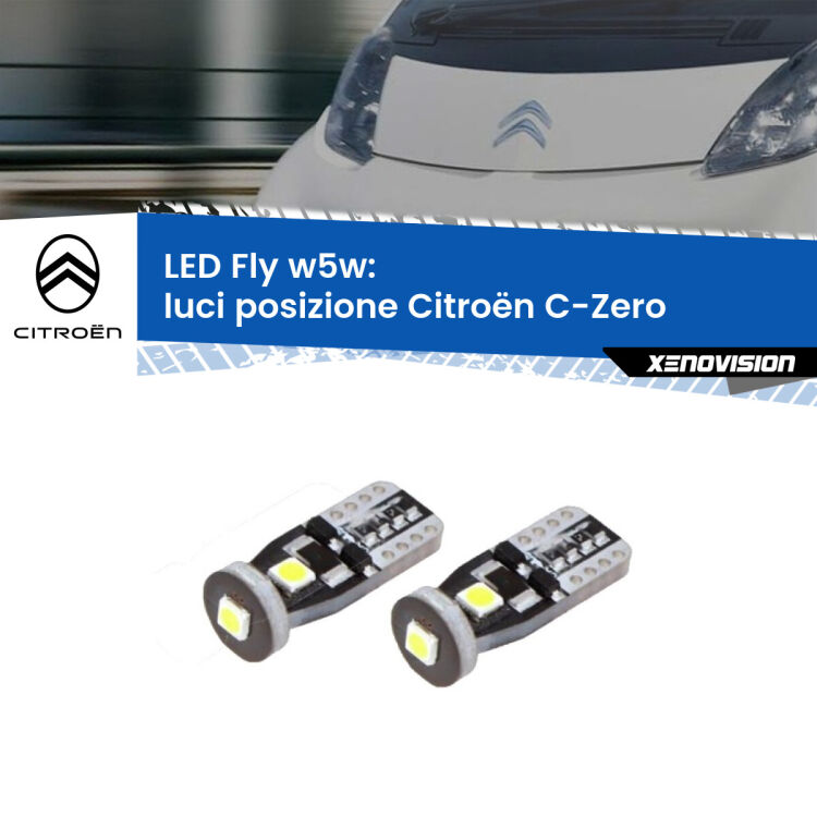 0 Luci posizione LED Citroën C-Zero 2010-2019: W5W Fly <strong>luci posizione LED per Citroën C-Zero</strong> 2010-2019. Coppia lampadine <strong>w5w</strong> Canbus compatte modello Fly Xenovision.