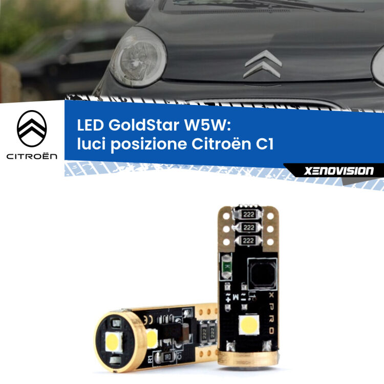 0 Luci posizione LED Citroën C1 2005-2013: T10 GoldStar <strong>Luci posizione LED Citroën C1</strong> 2005-2013: ottima luminosità a 360 gradi. Si inseriscono ovunque. Canbus, Top Quality.