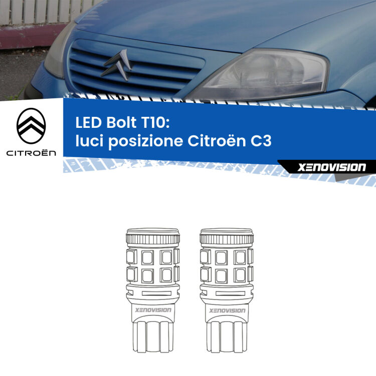 0 Luci posizione LED Citroën C3  2002-2009: T10 Bolt <strong>Luci posizione LED per Citroën C3</strong>  2002-2009. Coppia lampade <strong>T10</strong> modello Bolt canbus.
