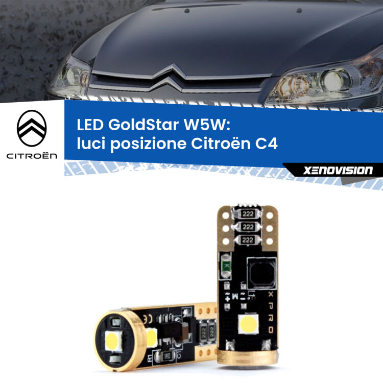 0 Luci posizione LED Citroën C4 2004-2011: T10 GoldStar <strong>Luci posizione LED Citroën C4</strong> 2004-2011: ottima luminosità a 360 gradi. Si inseriscono ovunque. Canbus, Top Quality.