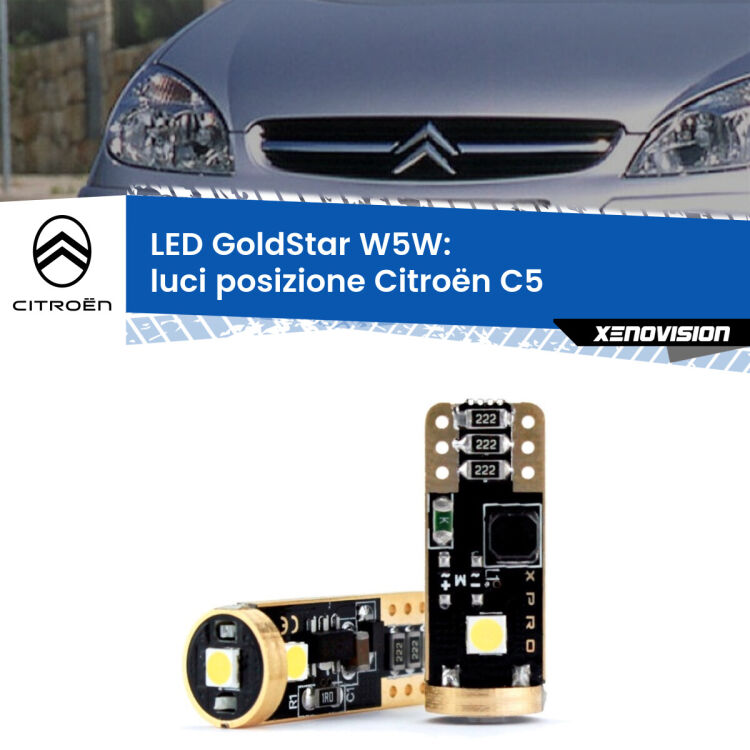 0 Luci posizione LED Citroën C5 2001-2004: T10 GoldStar <strong>Luci posizione LED Citroën C5</strong> 2001-2004: ottima luminosità a 360 gradi. Si inseriscono ovunque. Canbus, Top Quality.