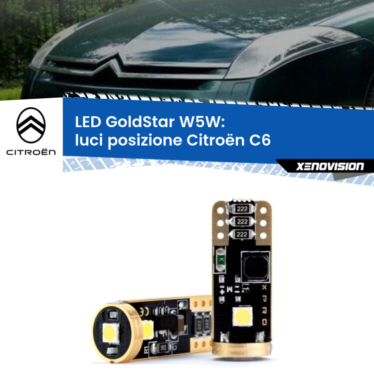 0 Luci posizione LED Citroën C6  2005-2012: T10 GoldStar <strong>Luci posizione LED Citroën C6</strong>  2005-2012: ottima luminosità a 360 gradi. Si inseriscono ovunque. Canbus, Top Quality.