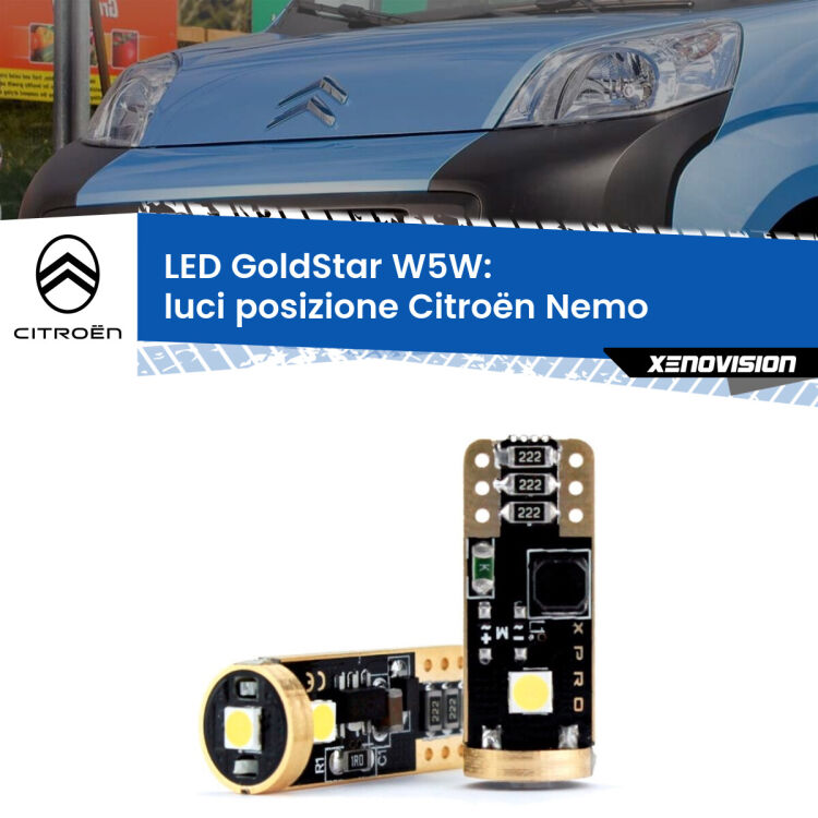 0 Luci posizione LED Citroën Nemo 2008in poi: T10 GoldStar <strong>Luci posizione LED Citroën Nemo</strong> 2008in poi: ottima luminosità a 360 gradi. Si inseriscono ovunque. Canbus, Top Quality.