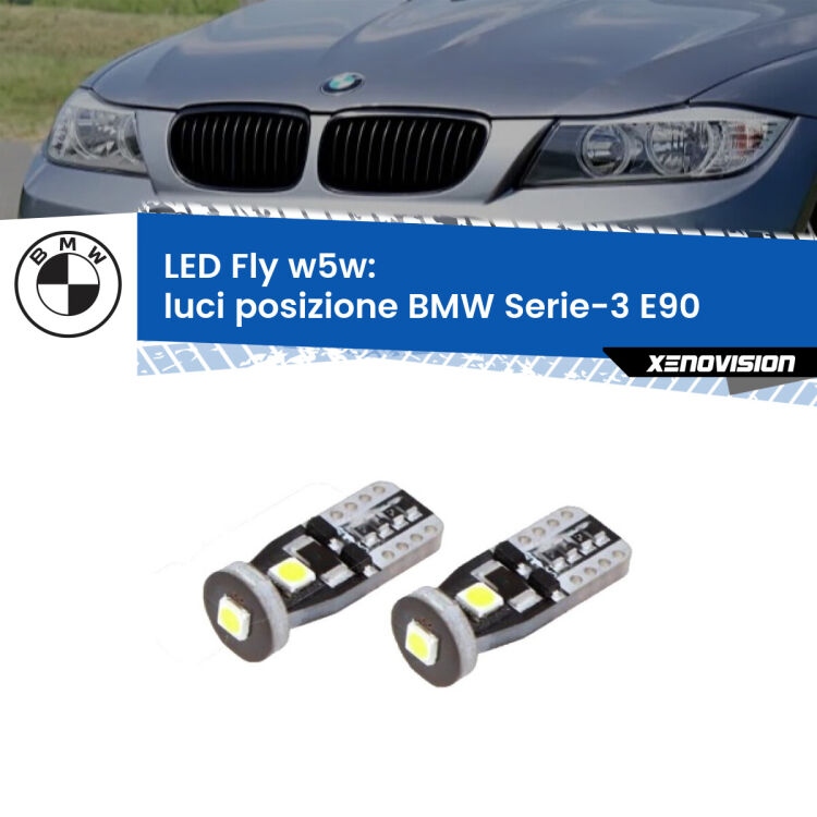 0 Luci posizione LED con fari alogeni BMW Serie-3 E90: W5W Fly <strong>luci posizione LED per BMW Serie-3</strong> E90 con fari alogeni. Coppia lampadine <strong>w5w</strong> Canbus compatte modello Fly Xenovision.