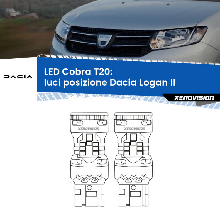 0 Luci posizione LED Dacia Logan II 2012in poi: T20 Cobra <strong>Luci posizione LED no-spie per Dacia Logan</strong> II 2012in poi. Coppia lampade <strong>T20</strong> modello Cobra super-canbus, raffreddate a ventola.