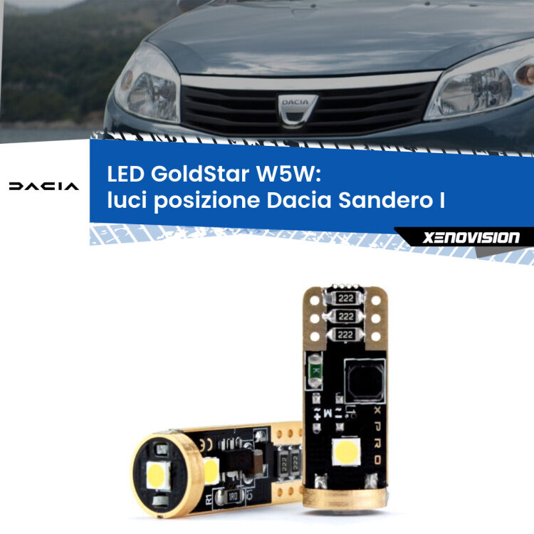 0 Luci posizione LED Dacia Sandero I 2008-2012: T10 GoldStar <strong>Luci posizione LED Dacia Sandero I</strong> 2008-2012: ottima luminosità a 360 gradi. Si inseriscono ovunque. Canbus, Top Quality.