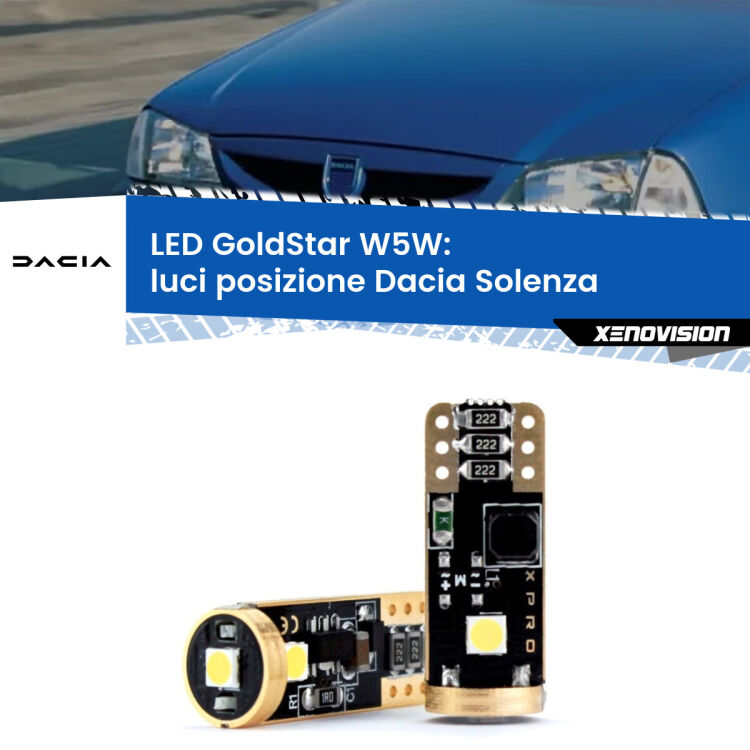 0 Luci posizione LED Dacia Solenza 2003in poi: T10 GoldStar <strong>Luci posizione LED Dacia Solenza</strong> 2003in poi: ottima luminosità a 360 gradi. Si inseriscono ovunque. Canbus, Top Quality.