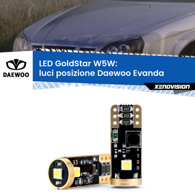 0 Luci posizione LED Daewoo Evanda 2002-2005: T10 GoldStar <strong>Luci posizione LED Daewoo Evanda</strong> 2002-2005: ottima luminosità a 360 gradi. Si inseriscono ovunque. Canbus, Top Quality.