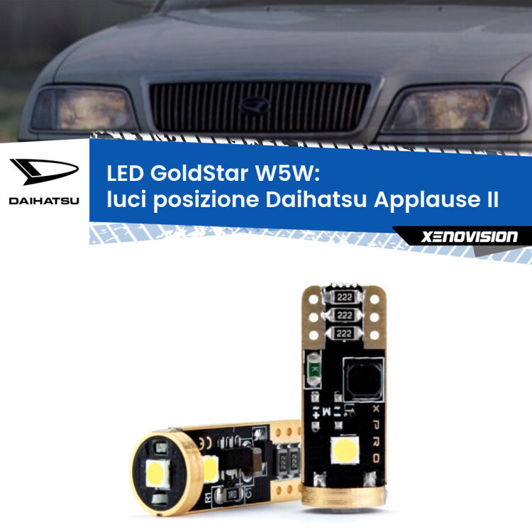 0 Luci posizione LED Daihatsu Applause II 1997-2000: T10 GoldStar <strong>Luci posizione LED Daihatsu Applause</strong> II 1997-2000: ottima luminosità a 360 gradi. Si inseriscono ovunque. Canbus, Top Quality.