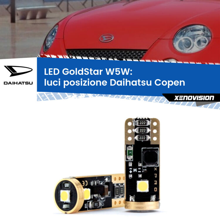 0 Luci posizione LED Daihatsu Copen  2003-2012: T10 GoldStar <strong>Luci posizione LED Daihatsu Copen</strong>  2003-2012: ottima luminosità a 360 gradi. Si inseriscono ovunque. Canbus, Top Quality.